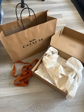 Coach Brown Gift Bag and Box with Orange Ribbon